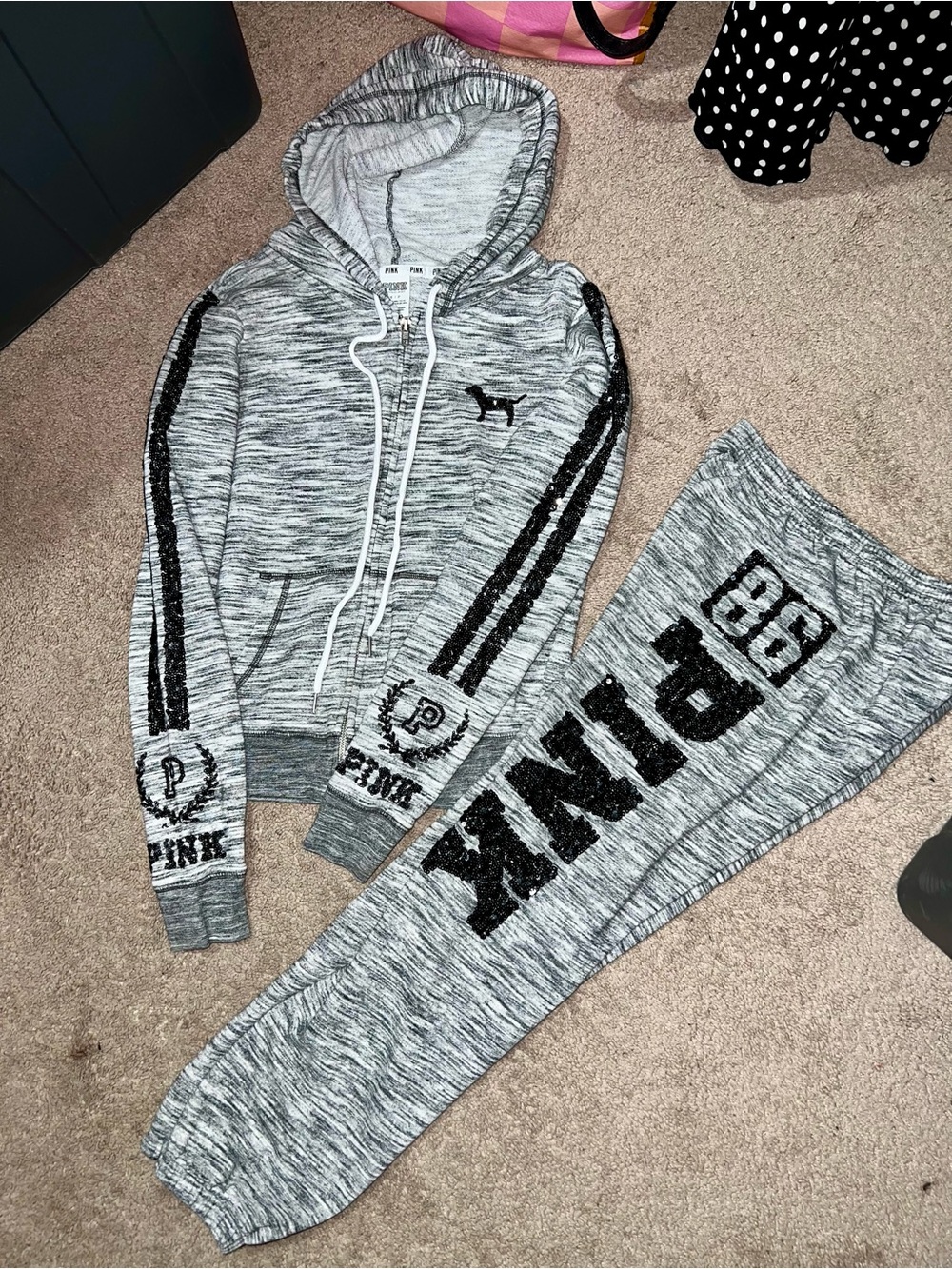 Vintage PINK Victoria's Secret Gray Marled Sequin Bling Logo Hoodie & Jogger Set